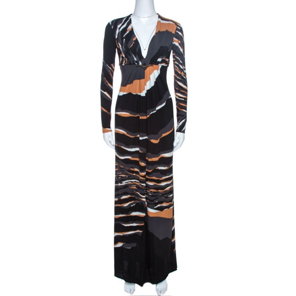 Roberto Cavalli Multicolor Stretch Jersey Draped V Neck Maxi Dress S - Picture 1 of 4